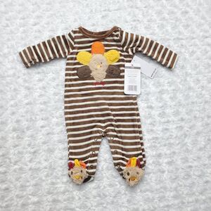 NWT Baby Starters Thanksgiving Turkey Striped Brown Velour Footie Sleeper NB